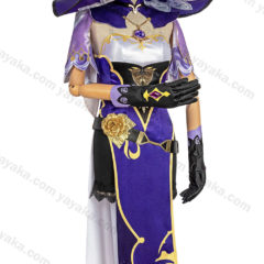 Click to EnlargeReport Copyright Infringement Genshin Impact Mona Purple and Black Leotard Bodysuit Separate Cloak Sleeves Cosplay Costume Full Set with Witch Hat and Leg Rings