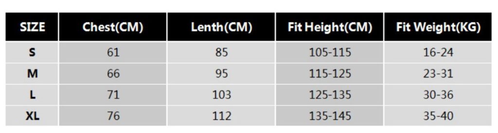 robin costume sizechart